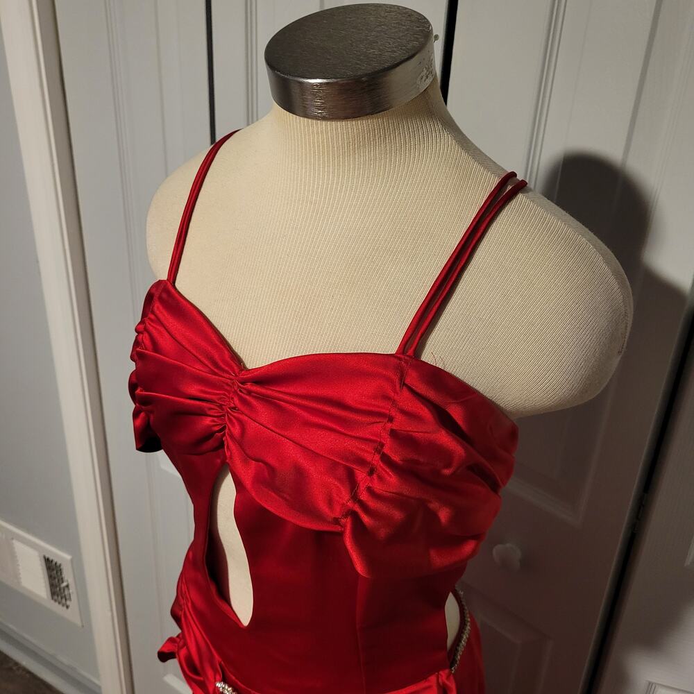 Y2K Red Satin Gown Spaghetti Straps Ruched Cutout Slit Train Size 2-4 Handmade - Picture 2 of 14